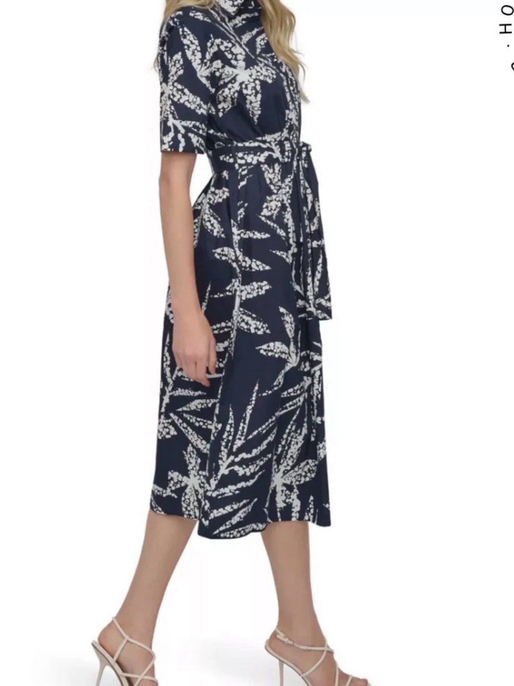 DKNY Women’s Elbow Sleeve Collar Leaf Print Shirt Dress Midi Navy Ivory 4